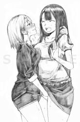 2girls :d arm_around_shoulder aroused assertive_female bangs blush breast_press breasts breath clothing_request collarbone commentary_request ear_blush fingering forced_smile furrowed_brow greyscale hand_under_clothes hand_under_skirt hand_up hatching_(texture) highres long_hair looking_at_another medium_hair monochrome multiple_girls nose_blush open_mouth original panties sample_watermark shorts simple_background small_breasts smile standing sweat teeth tky_(kou_taku) tongue traditional_media uncomfortable underwear upper_teeth white_background yuri