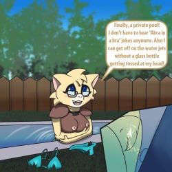 2026 abby_(abra) abby_abra_(artist) abra anthro areola bikini bikini_bottom bikini_top blue_eyes brown_body clothing dialogue digital_drawing_(artwork) digital_media_(artwork) english_text eyewear fan_character female fur generation_1_pokemon genitals glasses hi_res humanoid_hands looking_pleasured looking_up masturbation nintendo nipples nude nude_anthro nude_female open_mouth outdoor_nudity picket_fence pink_areola pink_inner_ear pink_nipples pink_vulva pokemon pokemon_(species) pool_jet rectangular_glasses solo speech_bubble swimming_pool swimwear talking_to_viewer text two-piece_swimsuit vaginal vaginal_masturbation vulva wearing_glasses yellow_body yellow_fur