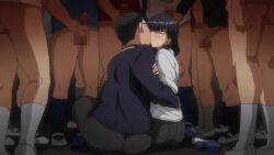 1girl 2022 20s 8boys animated animated_gif anime_screenshot black_hair black_skirt blush bottomless bunnywalker censored erection fat fat_man glasses gym_storeroom hair_bangs hands_on_another's_waist jacket medium_hair mind_control multiple_boys open_clothes penis eyes_closed saimin_seishidou school school_uniform shirt shoes short_hair sitting skirt socks sweat t-rex_(animation_studio) tagme takamine_misao tall_female tanaka_hajime_(saimin_seishidou) ugly_bastard white_shirt kiss french_kiss forced_kiss 1girls female