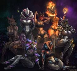 f4derati0n_(artist) warframe valkyr_(warframe) 2d 2d_(artwork) 7girls voruna_(warframe) yareli_(warframe) ivara_(warframe) yareli_prime_(warframe) saryn_(warframe) ember_(warframe) ember_heirloom_(warframe) dagath_(warframe) clothing breasts large_breasts cleavage thighs thick_thighs erection_under_clothes underboob navel midriff hips shorts medium_breasts tattoo breasts_size_difference thighhighs ass wide_hips holding_object crop_top large_ass sitting