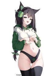 1girl absurdres animal_ears black_hair black_panties black_thighhighs breasts cat_ears cleft_of_venus clover_hair_ornament cowboy_shot crop_top cropped_hoodie drawstring fang four-leaf_clover_hair_ornament green_eyes green_sleeves hair_ornament hairpin highleg highleg_panties highres hood hood_down hoodie indie_virtual_youtuber kitsunya kitsunya_(vtuber) large_breasts long_hair long_sleeves looking_at_viewer navel no_pants open_mouth paggi_outfit panties puffy_long_sleeves puffy_sleeves simple_background skindentation smile solo steeb stomach thigh_gap thighhighs thighs underboob underwear very_long_hair virtual_youtuber white_background