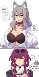 hinghoi honkai:_star_rail honkai_(series) kafka_(honkai:_star_rail) stelle_(honkai:_star_rail) trailblazer_(honkai:_star_rail) absurdres commentary english_commentary highres 2girls 2koma :d animal_ear_fluff animal_ears black_bra black_jacket blush bra breasts choker cleavage closed_eyes comic dog_ears english_text eyewear_on_head facing_viewer grey_hair heart holding holding_jar holding_spoon jacket jar kemonomimi_mode long_hair long_sleeves looking_at_viewer multiple_girls off_shoulder open_mouth peanut_butter purple_hair red_choker shirt simple_background single_bare_shoulder smile speech_bubble spoon sunglasses underwear white_background white_shirt yellow_eyes