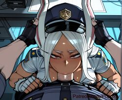 1boy 1girl :>= absurdres aesthetic ai ai_generated animal_ears anime art artist_name black_gloves blush boku_no_hero_academia breasts cleavage clenched_hands clothed_sex collarbone comic cover dark-skinned_female dark_skin desk digital erection fellatio female_service_cap fingerless_gloves fishnets generated gloves grabbing_another's_ear hand_on_another's_ear hands_on_another's_head hat head_grab hetero high highres indoors irrumatio large_breasts line long long_eyelashes long_hair looking_at_viewer manga mirko miruko multiple muscular my_hero_academia my_hero_academia_(finale) open_fly oral page painting panel panels parted_bangs patreon_username peaked_cap penis penis_out phanary police police_hat police_uniform policewoman pov pov_crotch pov_hands quality rabbit_ears rabbit_girl red_eyes rumi_usagiyama saliva shading shirt short_sleeves soft solo_focus strip style toned uncensored under_table uniform usagiyama_rumi veins veiny_penis white_gloves white_hair white_shirt