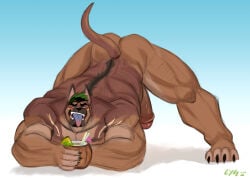 4_toes 5_fingers anthro ass_up barazoku beard beverage biceps biped black_nose brown_body brown_fur brown_penis canid canine canis claws coconut coconut_drink domestic_dog drupe_(fruit) erection facial_hair feet finger_claws fingers food foreskin fruit fur genitals glans goatee gradient_background green_eyes green_hair hair holding_beverage holding_object humanoid_genitalia humanoid_penis jack-o'_pose looking_at_viewer lygarus male mammal muscular muscular_anthro muscular_male nude open_mouth paws penis pinscher plant pose red_glans saeng simple_background solo toe_claws toes tongue tongue_out vein veiny_penis