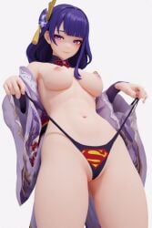 1girls 3d ai_assisted ai_generated black_background breasts crossover dc dc_comics female flashing flashing_panties genshin_impact hair_ornament kimono kimono_lift kimono_pull lifting looking_at_viewer panties purple_eyes purple_hair raiden_shogun sexy superman superman_(cosplay) superman_(series) superman_logo themed_clothes thick_thighs thighs thong breasts_out nipples