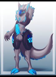 abs anthro balls big_balls big_penis blue_claws blue_eyes blue_penis claws genitals grey_body heart_symbol hi_res machine male pawpads penis protogen solo standing stretching t3ryx unknown_artist
