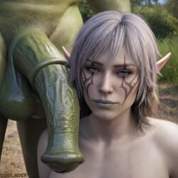 1boy 1girls 3d ai_generated ai_slop before_sex big_penis dark_elf elf elf_female face_tattoo goonlander green_skin grey_eyes horsecock interracial nightsong_(spellforce) nude orc orc_male outdoors pale_skin silver_hair spellforce spellforce_2