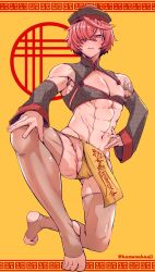 1boy abs bangs blush bulge chinese_clothes fate_(series) fundoshi fuuma_kotarou_(fate) hat highres jiangshi kamenakake kamenakaoji looking_at_viewer male_focus muscular muscular_male nipples red_eyes red_hair see-through short_hair solo solo_male tattoo testicles thighhighs yellow_background