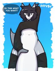 anthro aquatic arm_fin big_penis black_bottomwear black_clothing black_crop_top black_hair black_pants black_shirt black_topwear blue_background bottom_pov bottomwear bottomwear_down clothed clothing crop_top dialogue digital_drawing_(artwork) digital_media_(artwork) english_text erection fellatio_pov femboy fin first_person_view fish genitals grey_body grey_scales hair hand_behind_head hand_on_penis holding_penis huge_penis humanoid_genitalia humanoid_penis inviting inviting_viewer len_(rifykoh) looking_at_viewer male navel pants pants_down partially_clothed penis question rifykoh scales shark shirt simple_background slim smile smiling_at_viewer solo submissive submissive_pov talking_to_viewer text topwear watermark