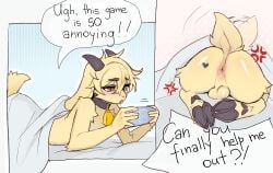 2025 2_horns 2_panel_comic 5_fingers anthro anus backsack balls bed bed_sheet bedding bell bell_collar blanket blue_background blush blush_lines border bovid butt caprine collar collar_only cross-popping_vein dialogue dotted_background english_text femboy fingers floppy_ears fur furniture gaming genitals goat handheld_console heart_(marking) heart_symbol heterochromia hi_res holding_object hooves horn long_ears lying male mammal markings mikosi nude nude_anthro nude_male on_bed on_front open_mouth pattern_background pink_background scut_tail short_tail simple_background solo speech_bubble tail tail_motion tailwag tan_body tan_fur text under_covers white_border