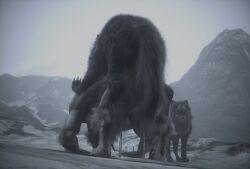 3d_(artwork) absurd_res anthro anthro_on_feral aroused bestiality blender_(artwork) blender_cycles_(artwork) bodily_fluids canid canine canis cum cum_inside cum_spill digital_media_(artwork) dire_wolf duo ejaculation english_text feral fog foggy_background foirgairwolf genital_fluids genitals hi_res howl male male/male mammal mountain mythological_canine mythological_creature mythology orgasm penis prehistoric_species snow snowy_mountain tail text voyeur werecanid werecanine werecreature werewolf wolf