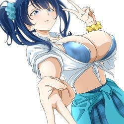 1girls sensual sexy busty big_breasts voluptuous female female_only pose posing alternate_costume alternate_hairstyle areola_slip bikini bikini_top_only blue_bikini blue_eyes blue_hair breasts bursting_breasts cleavage covered_erect_nipples double_v front-tie_top gyaru highres jacket large_breasts make_heroine_ga_oo_sugiru! medium_hair midriff navel outstretched_arm school_uniform shirt skirt solo swimsuit tied_jacket tied_shirt v yanami_anna