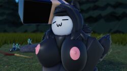 -w- 3d big_breasts big_nipples dark_hair dark_skin forest furry headpat homo_animalis long_hair looking_pleasured loving_it neck_tuft nonalterna on_knees petting roblox robloxian self_upload tagme tailwag wagging_tail