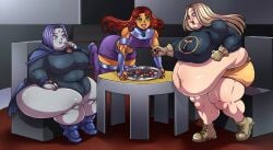 3girls bbw belly big_belly big_breasts blonde_hair blue_eyes blue_hair breasts dc dc_comics ecchipandaa fat female female_only footwear handwear human nipple_bulge obese overweight pale_skin rachel_roth raven_(dc) red_hair starfire teen_titans terra thick_thighs thighs weight_gain