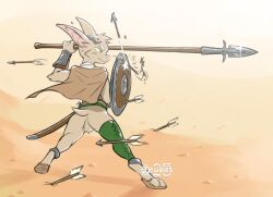 anthro anus armor arrow_(weapon) backsack balls bat bat_ears bat_tail belt bottomless bottomless_anthro bottomless_male butt cloak clothed clothing desert_bat digital_media_(artwork) fight footwear fur genitals green_eyes hi_res holding_object holding_weapon leggings legwear male mammal melee_weapon mewdles mostly_nude mostly_nude_anthro mostly_nude_male polearm ranged_weapon rear_view sand sandals shield shoes solo spear tail tan_body tan_fur tuft turo_of_akesh vambrace weapon wingless_bat