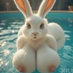 ai_generated anthro big_breasts breasts_bigger_than_head female furry lagomorph leporid nipples oxandi pool pov rabbit realistic rodent white_fur