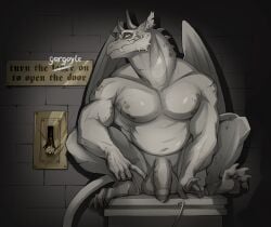 anthro balls bodily_fluids crouching english_text flaccid foreskin gargoyle genital_fluids genitals grey_body hi_res horn humanoid_genitalia humanoid_penis lever looking_at_viewer male membrane_(anatomy) membranous_wings musclegut muscular muscular_anthro muscular_male penis precum rein_v sign smile solo text wings yellow_eyes