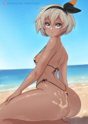 1girls 2022 :t ass ass_focus ass_shot back back_view bea_(pokemon) beach bikini black_bikini blue_eyes breasts brown_skin bubble_butt dark-skinned_female dark_skin embarrassed female female_only grey_hair gym_leader hand_print hand_print_on_ass hips huge_ass mandytsune nintendo outdoors pokemon pokemon_ss ribbon ribbon_in_hair short_hair slim_waist small_breasts spank_marks thick_thighs thighs wide_hips