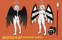 1girl 1girls 4_fingers 4_toes angel angel_girl angel_wings ass belt blind_peacock_draws blind_peacock_draws_(artist) breasts exorcist_(hazbin_hotel) feathered_wings feathers gloves halo hazbin_hotel hazbin_hotel_oc heel_boots heels helluva_boss helluva_boss_oc helmet lipstick masked masked_female medium_breasts milf miriam_(blindpeacockdraws) naked naked_female nipples no_clothes open_wings original original_art original_artwork original_character pussy pussy_lips pussy_peek reference_sheet short_hair skirt spear straight_hair tagme uniform uniform_female white_body white_hair white_skin wings x_eye yellow_eyes