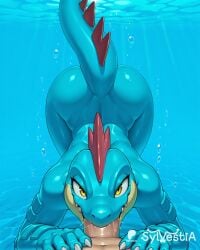 1boy 1girl 1girls ai_generated anthro blowjob blue_skin breasts bubbles claws explicit fellatio female feraligatr glossy_skin hetero looking_at_viewer male nintendo nude oral penis pokemon pokemon_(species) pool red_spikes reptile scalie shiny_skin smile solo sweat sylvestia tail underwater water wet yellow_eyes