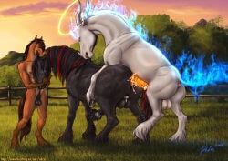 absurd_res andras animal_genitalia animal_penis animal_vulva anthro blue_fire chastity_device colored_fire equid equine equine_genitalia equine_penis equine_vulva facial_horn feral feral_penetrated feral_penetrating fionn_(drakengarth) fire fur genitals glowing glowing_genitalia glowing_penis group halo hi_res horn horse intersex intersex/male male male/male mammal nose_horn penetration penis rufciu sheath trio vaginal vaginal_penetration vulva white_body white_fur yellow_penis