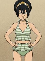 toph_bei_fong avatar_the_last_airbender alternate_costume bikini green_bikini blind tiara hands_on_hips smirk smirking_at_viewer belly_button belly tummy ai_generated