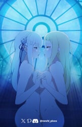 2girls absurd_res absurdres ass blonde_hair blue_eyes breast_press breasts_press breasts_pressed_against_another breasts_to_breasts completely_nude_female elf elf_ears elf_female emilia_(re:zero) female/female female_only holding_hands kissing lesbian_kiss lesbian_sex looking_at_partner medium_breasts purple_eyes re:zero_kara_hajimeru_isekai_seikatsu renchi_pixxx saliva_string side_view sideboob silver_hair standing sylphy_elmart_(re:zero) symmetrical_pose symmetry tongue_kiss tongue_out yuri