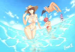 4girls amy_rose bikini blaze_the_cat boneii hat human jewelry legs_in_water multiple_girls princess_elise rouge_the_bat sea sonic_(series) sonic_2006 sonic_the_hedgehog_(series) sunglasses