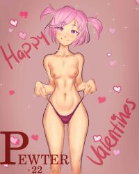 1girls 2022 5_fingers breasts doki_doki_literature_club female female_only heart natsuki_(doki_doki_literature_club) nipples pewter-boi pink_eyes pink_hair pink_hearts solo thong thong_only thong_panties valentine's_day