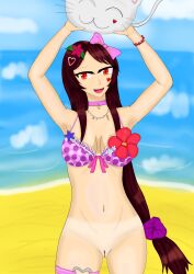 armpits arms_up beach bikini bikini_top bottomless brown_hair cat_plushie chibi_(chibipower) chibipower choker clothed dotted_bikini flower flower_in_hair happy heart_tattoo looking_at_viewer necklace pink_ribbon pussy red_eyes ribbon shell_necklace solo_female tanline vagina violet_bikini virtual_youtuber vtuber