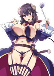 1girls :o absurdres areola_slip bare_midriff black_hair bow bowtie breasts cosplay curved_horn demon demon_girl demon_horns detached_sleeves female female_pubic_hair g-string garter_straps gluteal_fold harigane_shinshi highres holding holding_ladle horns huge_breasts ladle light-skinned_female light_skin lingerie machikado_mazoku mature_female medium_hair navel open_mouth pubic_hair pubic_hair_peek purple_eyes purple_g-string purple_garter_straps purple_lingerie purple_thighhighs ram_horns revealing_clothes simple_background skimpy solo sweatdrop thighhighs white_background yoshida_seiko yoshida_yuuko_(machikado_mazoku) yoshida_yuuko_(machikado_mazoku)_(cosplay)