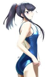 ass black_hair blush komi-san_wa_komyushou_desu komi_shouko looking_at_viewer mitsugu ponytail surprised swimsuit