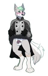 alpha_channel anthro armor blush bodily_fluids bottomwear caged canid canine canis chastity chastity_cage chastity_device clothing cum cum_drip dripping genital_fluids gloves goomanagarcha handwear horny male male/male mammal oomanagarcha skirt solo wolf xenonite