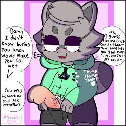 1boy 1girls bike_shorts dialogue dykie_(mykendyke) english english_text grey_body grey_fur mask mykendyke raccoon smug thick_thighs