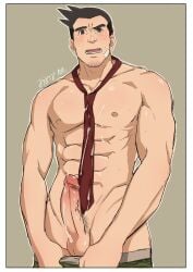 balls bandaid bandaid_on_face bara blush boner capcom cum dick_gumshoe erection facial_hair gay gyakuten_saiban male male_only muscles muscular penis solo solo_male sweaty