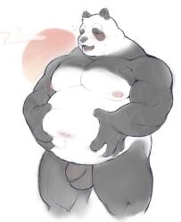 2022 anthro balls belly big_belly black_body black_nose closed_eyes flaccid gay genitals giant_panda hi_res humanoid_genitalia humanoid_hands humanoid_penis kemono male mammal moobs navel nipples oboroge_chan overweight overweight_male penis solo ursid white_body