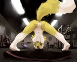 anthro anus bandai_namco breasts digimon digimon_(species) exercise_ball female genitals gym hi_res looking_at_viewer nude pussy renamon solo sunhuiz yoga