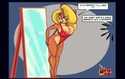 1girls activision anthro areola bandicoot barefoot big_ass big_breasts blonde_hair cleavage clothing crash_(series) crash_bandicoot_(series) eyeshadow feet female female_only hair hi_res lipstick long_hair makeup mirror nafyo-toons navel solo swimwear tawna_bandicoot video_games