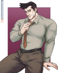 1male balls bandaid bandaid_on_face bara belt belt_buckle black_hair bulge button_down_shirt capcom dick_gumshoe dress_pants facial_hair form_fitting fully_clothed gay getting_undressed ghostgocensorme gyakuten_saiban imminent_masturbation loosening_collar male male_focus male_only manly masculine muscles muscular muscular_male pencil_behind_ear penis simple_background solo solo_male suit_and_tie undressing undressing_self