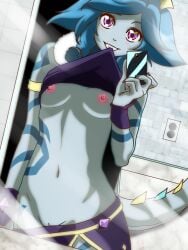 2d alternative_skin_color blue_hair blue_skin breasts clothing colored_skin female female_only female_solo gloves league_of_legends lifted_by_self looking_at_viewer neeko nipples presenting purple_eyes pussy_peek self_shot simple_background slight_blush small_breasts smartphone smile solo tail tattoo teemo_vs_all teemovsall upshirt vagina