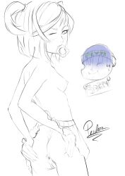 1girls ass asshole back blinking breasts condom condom_in_mouth doki_doki_literature_club female monochrome natsuki_(doki_doki_literature_club) one_eye_closed pewter-boi pussy sketch skirt skirt_up vagina