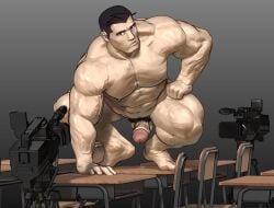 1boy balls bandaid bandaid_on_face bara boner camera capcom dick_gumshoe doosoo erection facial_hair gay gyakuten_saiban male male_only muscles muscular penis solo solo_male spread_legs squatting