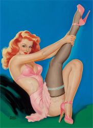 1950s 1954 1girls 20th_century 50s blonde_hair breasts dress female female_only high_heels leg_up lipstick painting_(artwork) peter_driben pinup pinup_girl smile solo stockings straight_hair thick_thighs thighhighs titter traditional_media_(artwork) vintage