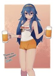 1girls alcohol alternate_costume beer blue_eyes blue_hair breasts choker closed_mouth commission female female_only fire_emblem fire_emblem_awakening hair_between_eyes hairband holding hooters lamb-oic029 long_hair looking_at_viewer lucina_(fire_emblem) nintendo orange_shorts shirt short_shorts shorts signature skeb_commission small_breasts smile solo standing tankard waitress white_choker white_shirt