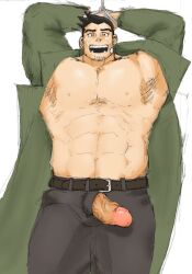 arms_behind_head arms_up balls bandaid bandaid_on_face bara boner bound bound_wrists capcom dick_gumshoe erection facial_hair gay gyakuten_saiban male male_only muscles muscular penis penis_out penis_through_fly shirtless solo solo_male tallywhacker tora_gy