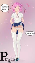 1girls blue_skirt doki_doki_literature_club english_text female female_only heart natsuki_(doki_doki_literature_club) panties pewter-boi pink_background pink_eyes pink_hair pussy pussy_visible_through_clothes pussy_visible_through_panties shirt_visible_though_skirt skirt skirt_lift solo text thigh_gap white_panties