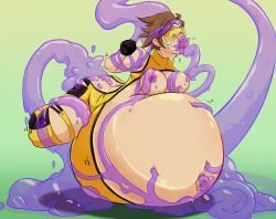 ass belly belly_inflation big_ass big_belly big_breasts big_butt bloated bloated_belly breasts brown_hair bubble_butt butt_crack casualobsessive female goggles goo huge_belly inflated_belly inflation nipples open_mouth overwatch short_hair slime slime_inflation solo_female tentacle torn_clothes tracer