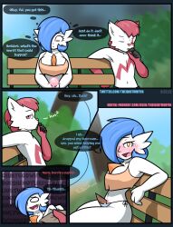 1boy 1girls anthro bench blush breasts cleavage comic dialogue eating female gardevoir humanoid ice_cream nintendo pokemon pokemon_(species) pokemon_rse sitting swimsuit text text_bubble theidiotmuffin uninterested valorie_(theidiotmuffin) zachary_(theidiotmuffin) zangoose