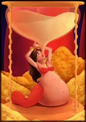 aladdin arabian belly belly_inflation big_belly bondage breasts casualobsessive crying dark-skinned_female dark_skin disney disney_princess female force_feeding hourglass_(object) inflation middle_eastern nipple_bulge nipples_visible_through_clothing princess_jasmine shackles