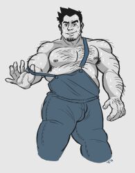 balls bandaid bandaid_on_face bara bulge capcom dick_gumshoe facial_hair gay gyakuten_saiban hairy male male_only monochrome muscles muscular overalls penis solo solo_male sweaty undressing unknown_artist